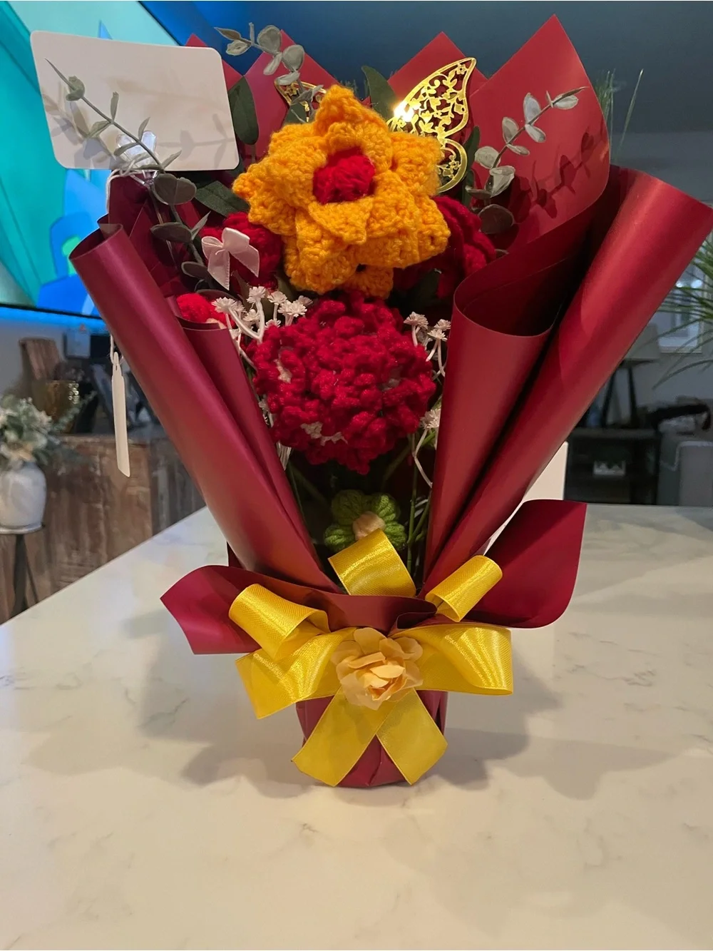 Handmade Yellow & Red Floral Bouquet - Home Accents